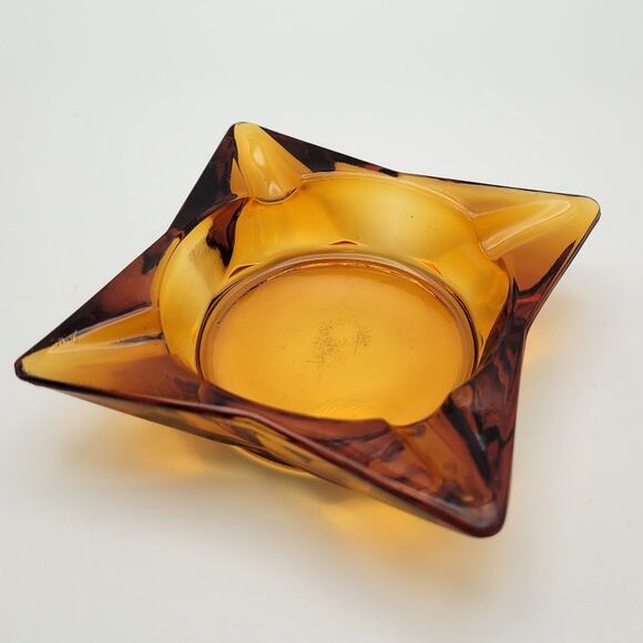 Mid-Century Modern Amber Star Dish Art Glass Cigar Ash Tray Catchall Bowl - Picture 1 of 6
